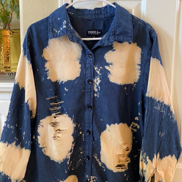 Distressed denim tunic high low top - Picture 1 of 7